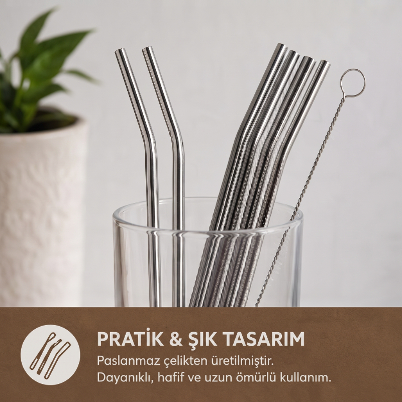 6'lı Kaşıklı Pipet Seti - Metal - Pipet Temizleme Fırçası  - 2
